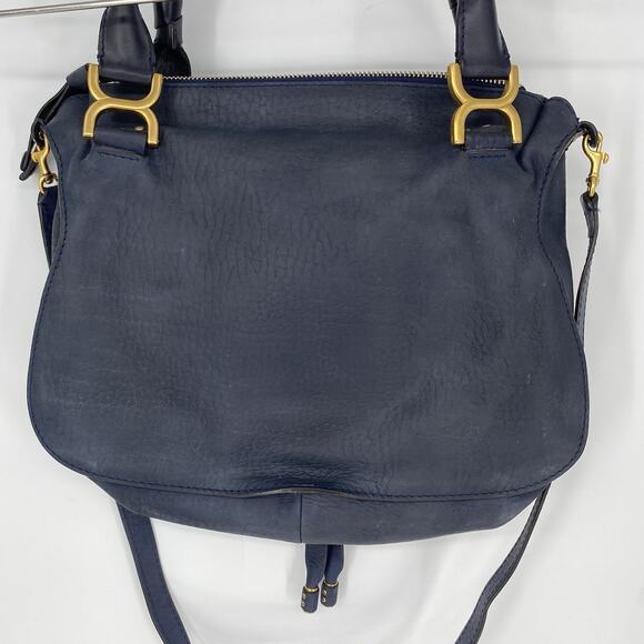 Chloe Marcie Graphite Suede Calfskin Satchel Medium Navy Blue Double Carry Bag - Picture 8 of 16